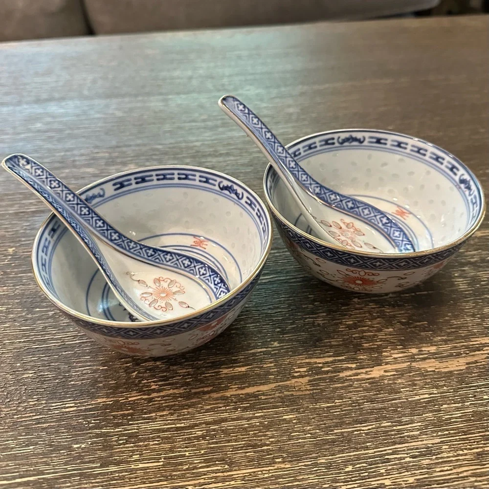 4pc Set Vintage Chinese Porcelain Painted Blue Wht Red Rice Grain Bowls w/ Spoon